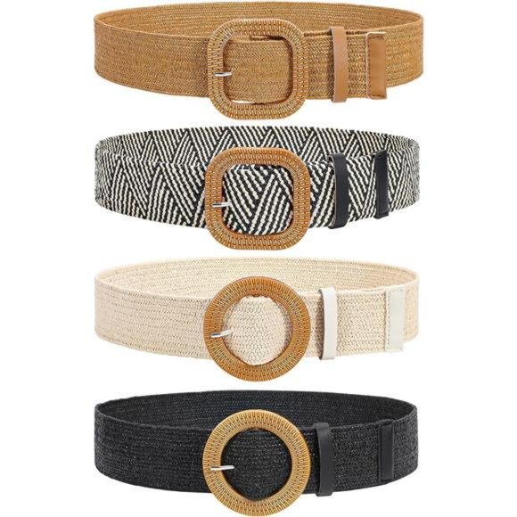 4 Pack Straw Woven Elastic Stretch Waist Belt Fashion Boho Dress Braided Belts - Picture 1 of 6